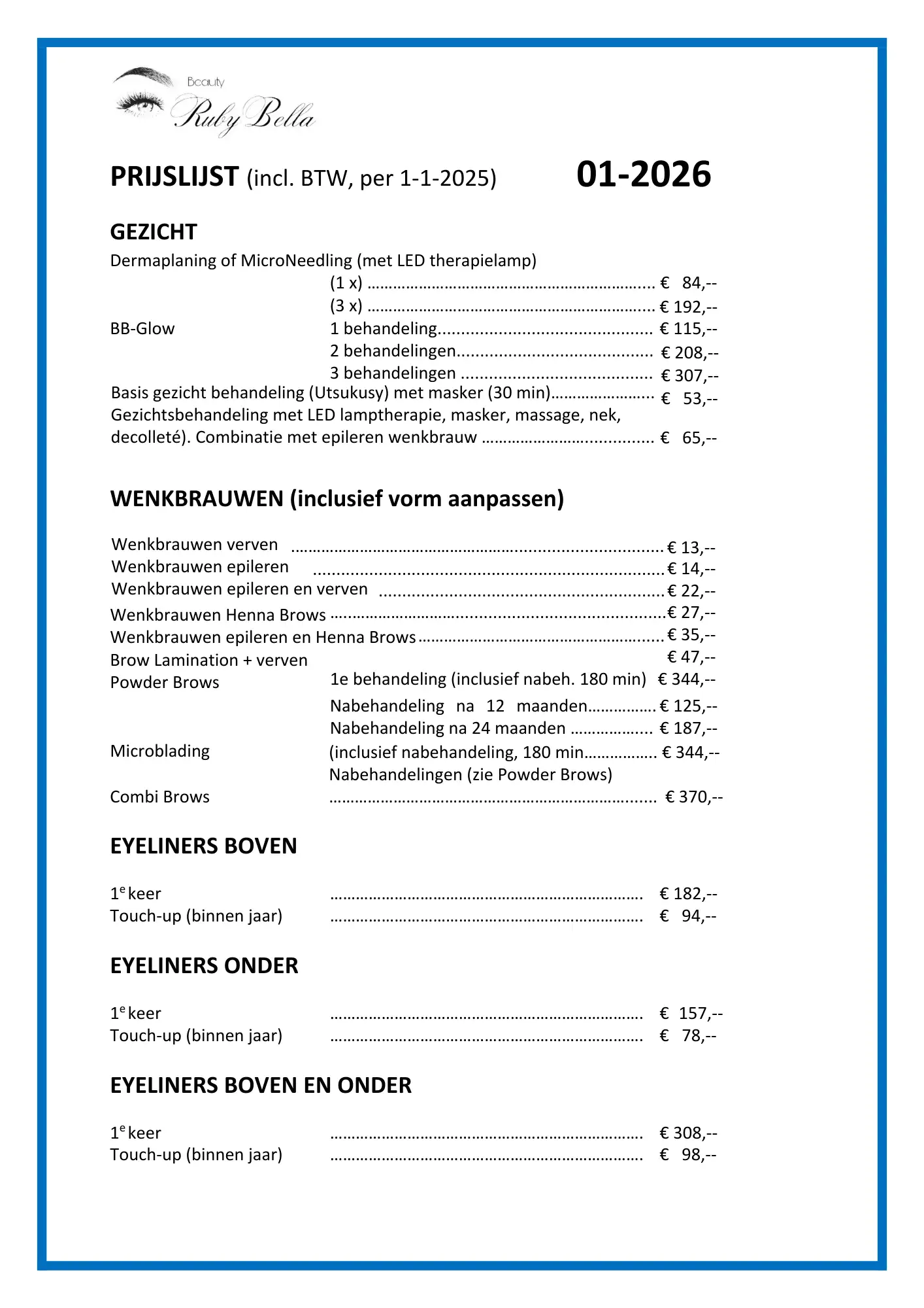 Prijslijst Januari 2026 - Ruby bella Nijverdal