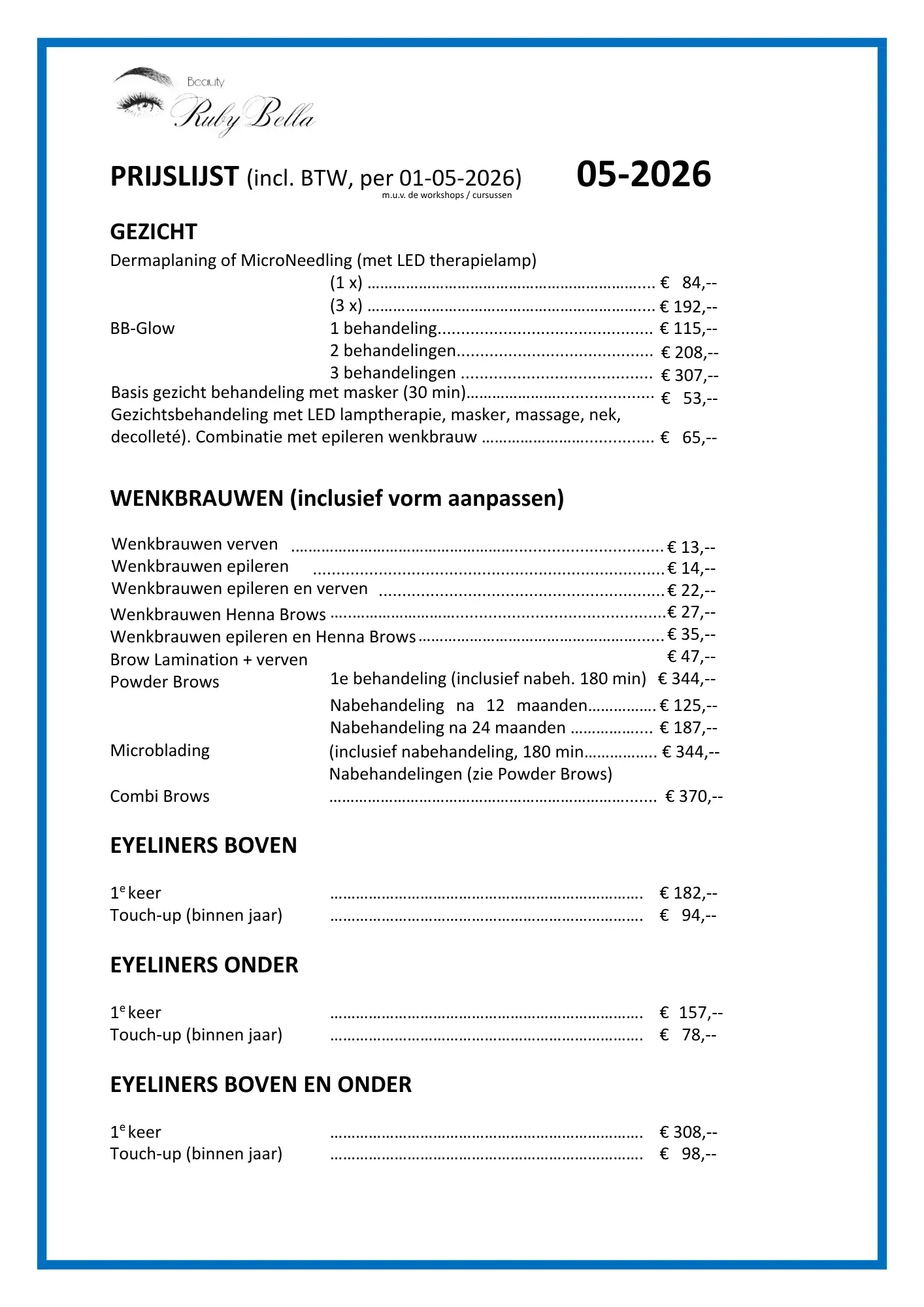 Prijslijst Beauty RubyBella